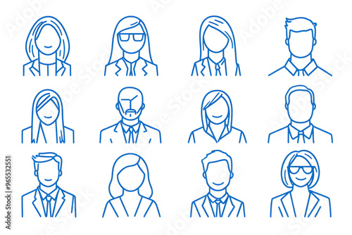 Avatar people silhouette blue line art icon collection isolated on white background