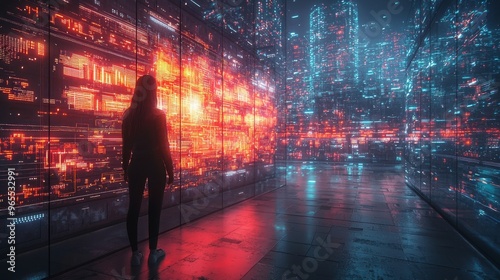 A futuristic technology hub with neon-lit skyscrapers in the night