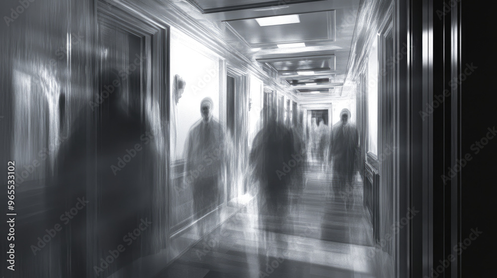 Mysterious figures emerge in a foggy, dimly lit hallway, creating a suspenseful atmosphere Mysterious figures emerge in a foggy, dimly lit hallway, creating a suspenseful atmosphere