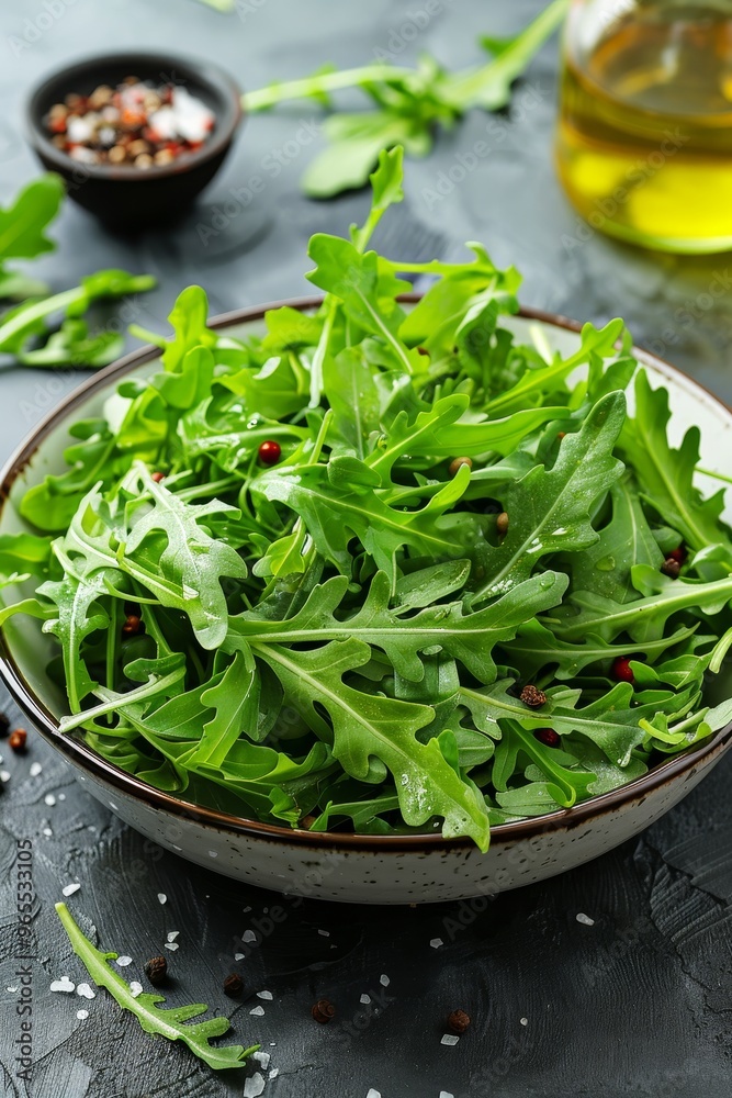 Fresh Arugula Salad with Pepper in a Bowl. Healthy Food Concept with Natural Ingredients Fresh Arugula Salad with Pepper in a Bowl. Healthy Food Concept with Natural Ingredients