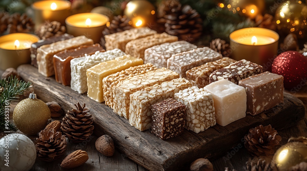 A beautiful selection of Spanish turrón in various textures and flavors, from crunchy almond to soft nougat, displayed on a rustic wooden board, surrounded by festive holiday decorations, A beautiful selection of Spanish turrón in various textures and flavors, from crunchy almond to soft nougat, displayed on a rustic wooden board, surrounded by festive holiday decorations,