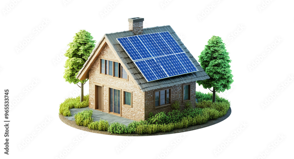 3D rendering of a house with solar panels on the roof and trees, isolated on a white background 3D rendering of a house with solar panels on the roof and trees, isolated on a white background
