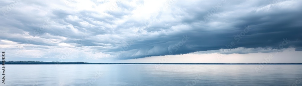 Storm clouds moving in over a calm lake, approaching weather, impending storm Storm clouds moving in over a calm lake, approaching weather, impending storm