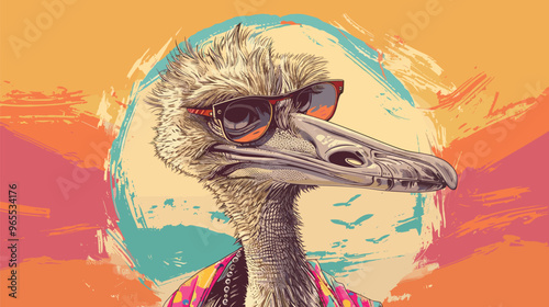 Hand-Drawn 2024 Calendar Poster Featuring a Stylish Hipster Ostrich in Casual Attire photo