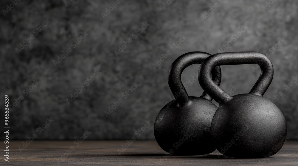 Fototapeta premium Two black kettlebells sit on a wooden floor in front of an old brick wall, AI
