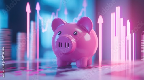 A pink piggy bank surrounded by financial growth charts, symbolizing long-term savings and investment growth