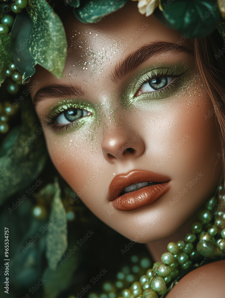 A close up portrait of beautiful woman with an art fashion make up, muted green coating, soil, flowers, bright beads and withered leaves, make up of the Goddess of the earth, graceful and stately. A close up portrait of beautiful woman with an art fashion make up, muted green coating, soil, flowers, bright beads and withered leaves, make up of the Goddess of the earth, graceful and stately.