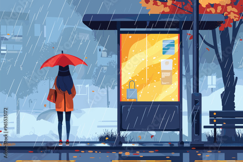 Young Woman Waiting at Bus Stop with Umbrella on Rainy Day, Checking Phone Schedule