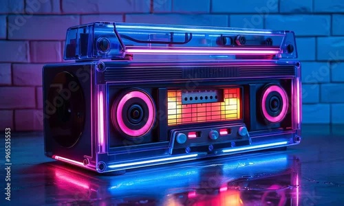 Tape recorder with neon effect. Nostalgia of the 90s.