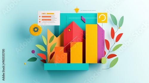 Colorful graph illustration representing data analysis and business growth, featuring geometric shapes and natural elements.