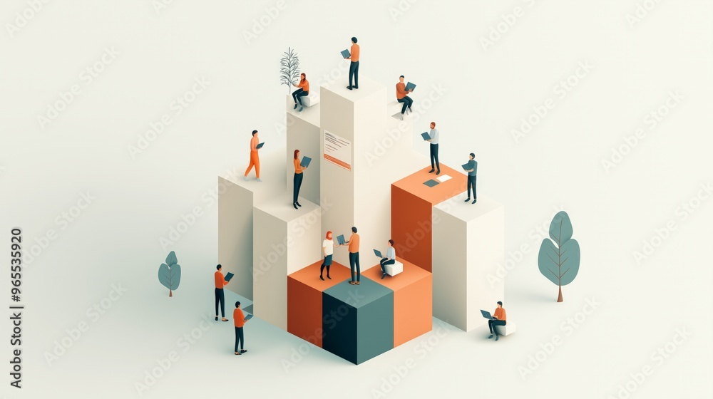 Illustration depicting teamwork and collaboration in a modern workspace, showcasing diverse figures engaged in various activities.