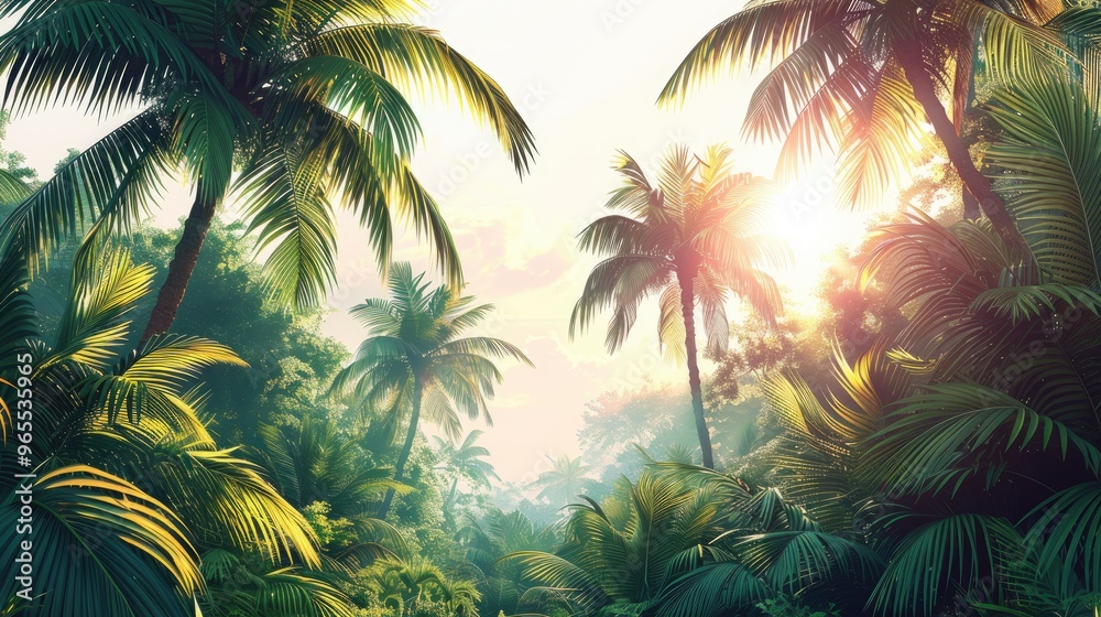 Green summer tropical palm leaves with copyspace, trendy summer jungle style floral green pattern background, colors botanical tropical leaves ,sun light and shadows.