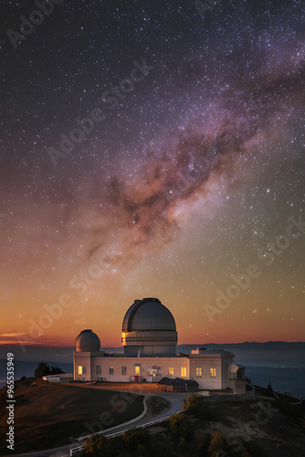 Mythical Night Sky Scene Starry Celestial Sky, Silhouetted Hilltop Observatory, Glowing Sunrise Horizon, and Soft Silhouettes Evoking Wonder and Cosmic Discovery
