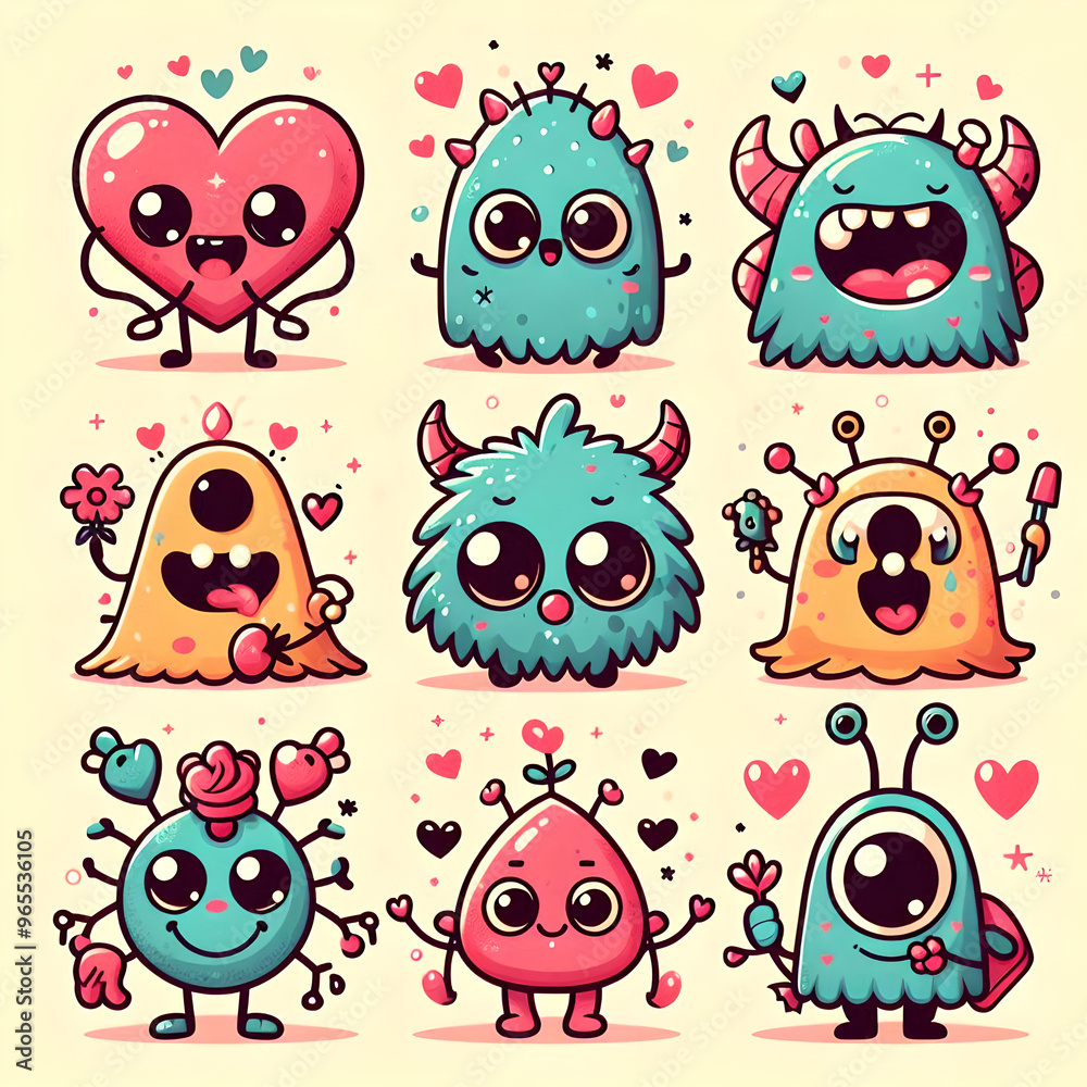 Obraz premium Cute love monsters illustrations with hearts