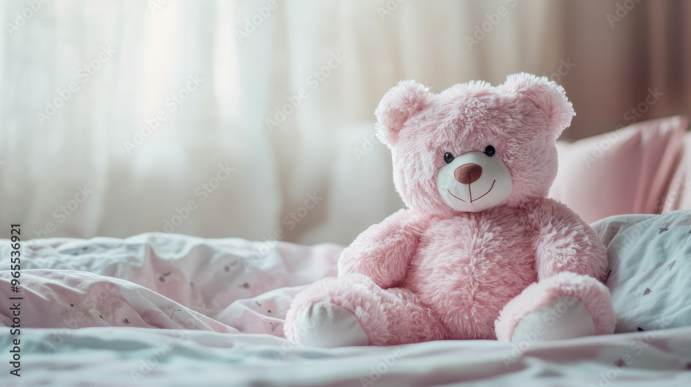 A soft pink teddy bear sitting on a child bed, symbolizing comfort, warmth, and nostalgia A soft pink teddy bear sitting on a child bed, symbolizing comfort, warmth, and nostalgia