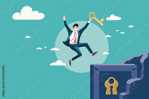 Happy Man Jumping with Giant Key, Breaking Free from Debt and Loan Burden