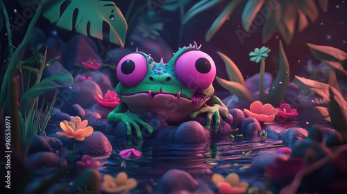 A frog with big eyes is sitting in a pond with flowers