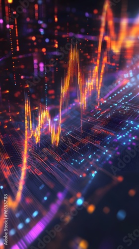 Abstract Digital Data Visualization with Bokeh Effect and a Rising Line Graph