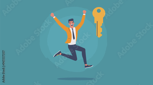 Happy Man Jumping with Giant Key, Breaking Free from Debt and Loan Burden