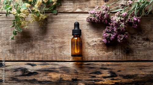 organic face serum with natural oils, placed on a rustic wooden background, complemented by earthy tones and textures photo