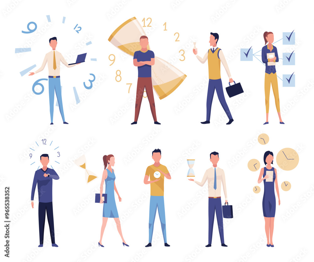 Effective time management icon set. Efficiency work time. Freelance man and woman workers with productivity clock. Time management, control business time or work deadline concept, smart businessman Effective time management icon set. Efficiency work time. Freelance man and woman workers with productivity clock. Time management, control business time or work deadline concept, smart businessman