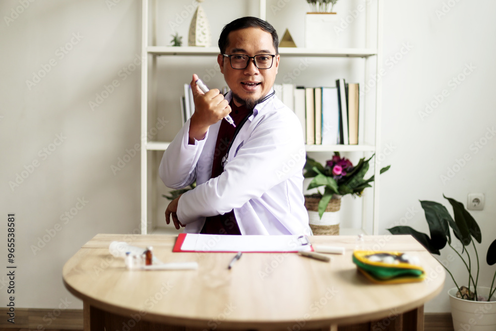 Asian Man Doctor Explaining How To Use Diabetic Test Kit To Patient In Online Consultation Asian Man Doctor Explaining How To Use Diabetic Test Kit To Patient In Online Consultation