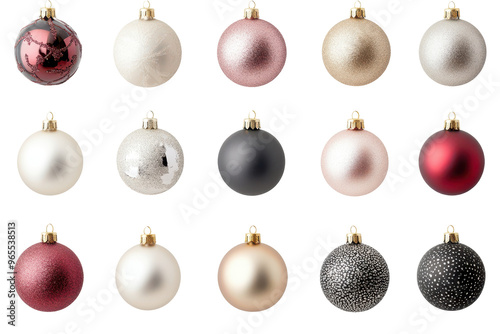 A set of fifteen matte and glitter Christmas ornaments in a chic color palette of black, red, silver, and rose gold. Isolated on white background.