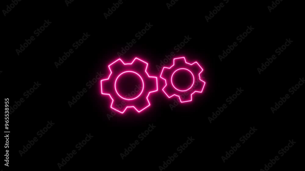Spinning gears animation. glowing neon settings icon, purple color settings icon. Glowing neon line setting icon with spinning gears icon animation.