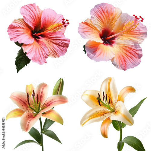 Vibrant Hibiscus and Lilies Isolated on Transparent Background: Colorful and Exotic for Floral Decor