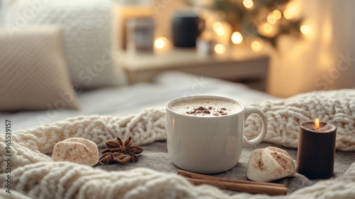 Soft blankets and cups of hot chocolate, creating a cozy atmosphere for celebrating 2025