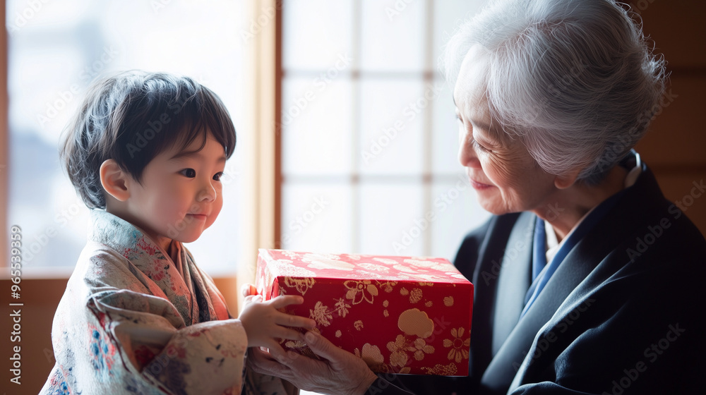 敬老の日におばあちゃんにプレゼントを渡す孫 着物 和物