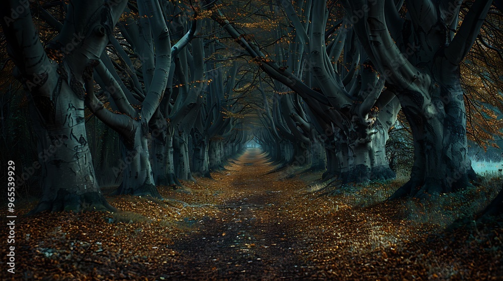 An avenue of dark-leaved beech trees creates a tunnel effect, with their dense branches forming a natural canopy overhead. The path beneath is shaded and mysterious, inviting the viewer to wander An avenue of dark-leaved beech trees creates a tunnel effect, with their dense branches forming a natural canopy overhead. The path beneath is shaded and mysterious, inviting the viewer to wander