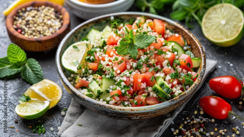 Fresh Tabbouleh Salad with Vegetables, Herbs, and Spices. Vegan, Vegetarian, Healthy Eating Concept. Fresh Tabbouleh Salad with Vegetables, Herbs, and Spices. Vegan, Vegetarian, Healthy Eating Concept.