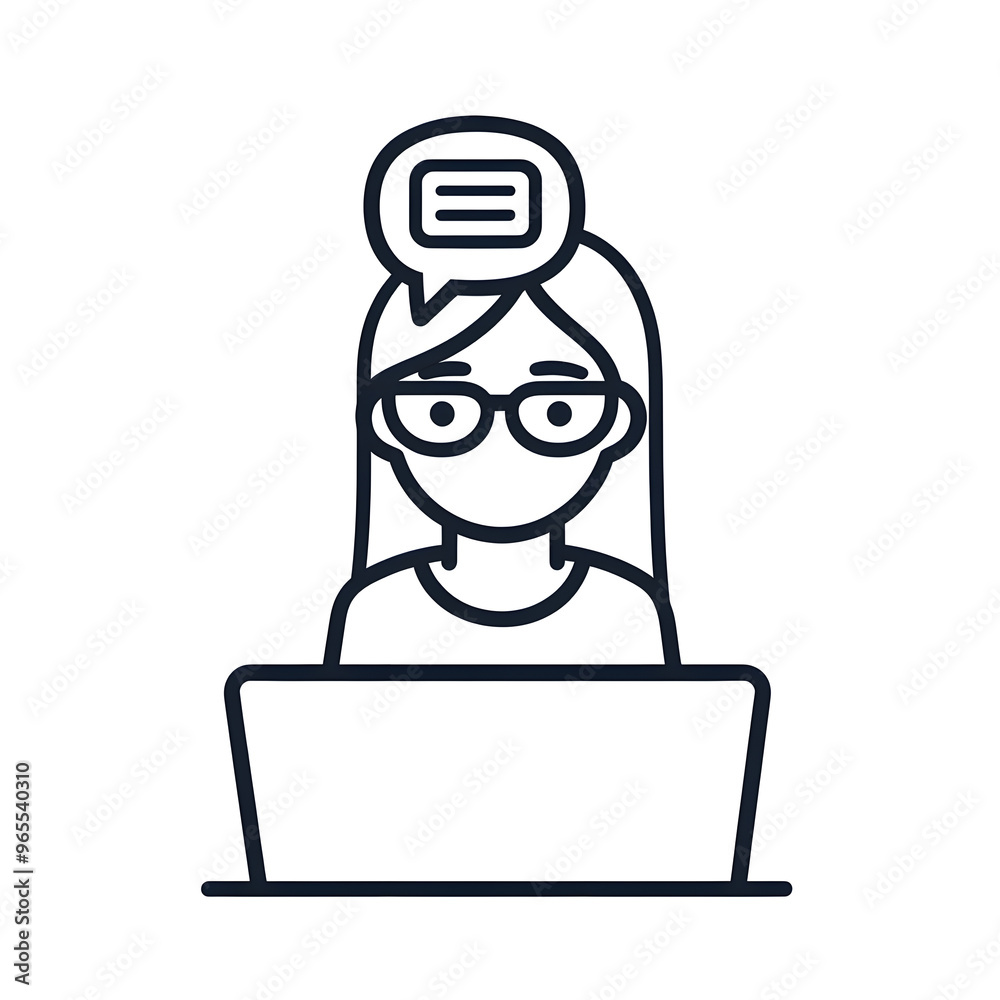 Woman with glasses sitting in front of a laptop and having chat linear icon isolated on white background. Video call, chat Woman with glasses sitting in front of a laptop and having chat linear icon isolated on white background. Video call, chat