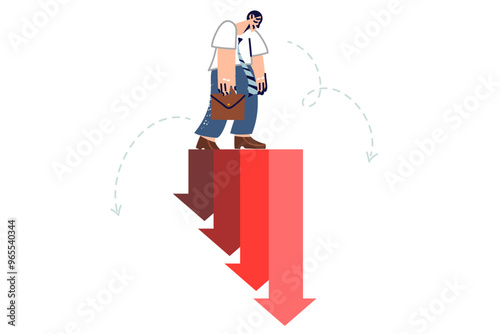 Crisis inflation causes increase in expenses for man walking along increasing negative schedule