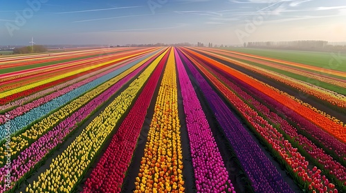 An aerial view of tulip fields in the Netherlands, with colorful stripes of flowers stretching across the landscape like a vibrant patchwork quilt. The bright, orderly rows of tulips create 