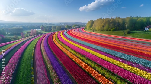 An aerial view of the famous tulip labyrinth at Keukenhof Gardens in the Netherlands, where vibrant rows of tulips form intricate patterns. The colorful stripes of the flowers create a stunning 