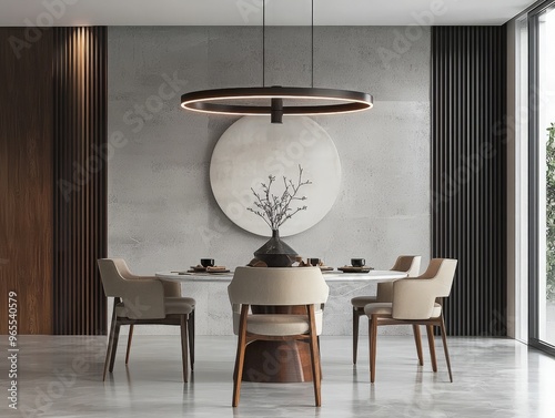 Contemporary dining room with minimalistic design, functional furniture, and a neutral color scheme, emphasizing modern aesthetics  photo