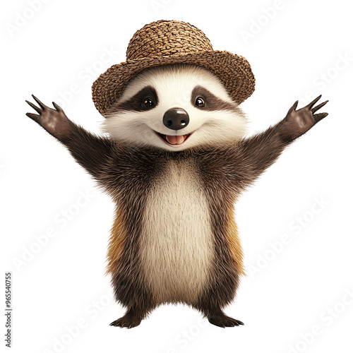 A cheerful cartoon raccoon wearing a straw hat, expressing joy with open arms, perfect for children's themes and playful designs. photo