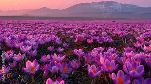 A vibrant field of saffron crocuses in full bloom, their delicate purple flowers carpeting the landscape. The golden stamens of the crocuses, which produce the valuable saffron spice, glow in 