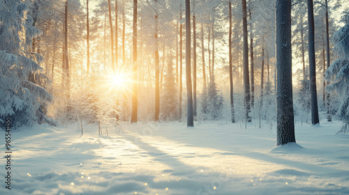  A frosty winter forest, sparkling under the snow and morning sun, preparing to greet the year 2025