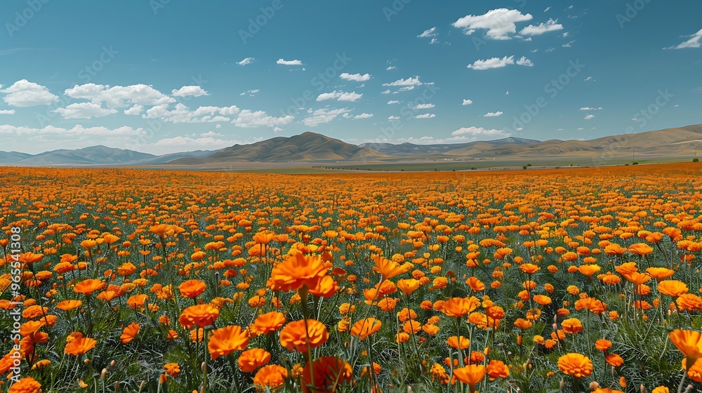 Fototapeta premium A vibrant field of bright orange marigolds in full bloom, capturing the essence of the Day of the Dead celebration. The flowers' rich, warm hues contrast against the clear sky, symbolizing life, 