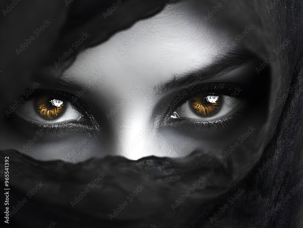 Mystical Close-Up of Woman' Face with Dark Veil Enhancing Amber Eyes, Captivating Depth and Intensity, Bold Dark Makeup in Monochromatic Tones - Portrait for Mysterious Atmosphere Mystical Close-Up of Woman' Face with Dark Veil Enhancing Amber Eyes, Captivating Depth and Intensity, Bold Dark Makeup in Monochromatic Tones - Portrait for Mysterious Atmosphere