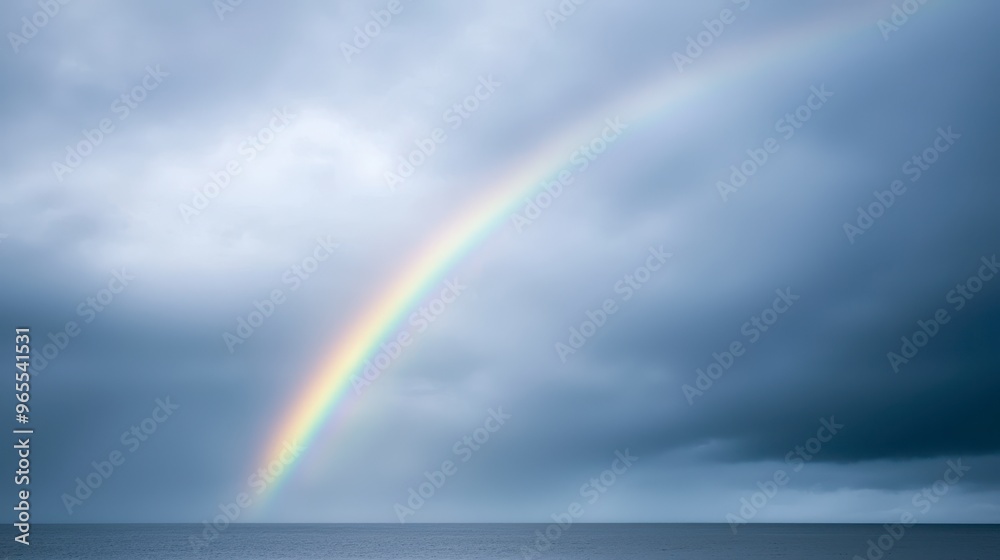 Rainbow arching across a cloudy sky after a rainstorm, colorful weather phenomenon Rainbow arching across a cloudy sky after a rainstorm, colorful weather phenomenon