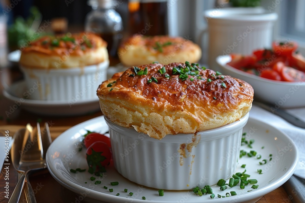 Souffle A perfectly risen cheese souffle with a golden, fluffy top. Served in a white ramekin on a matching plate Souffle A perfectly risen cheese souffle with a golden, fluffy top. Served in a white ramekin on a matching plate