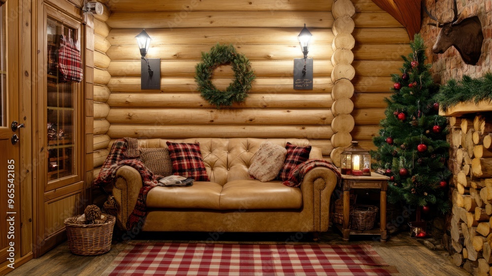 Cozy cabin living room interior with a leather sofa, plaid pillows, and a Christmas tree. Cozy cabin living room interior with a leather sofa, plaid pillows, and a Christmas tree.