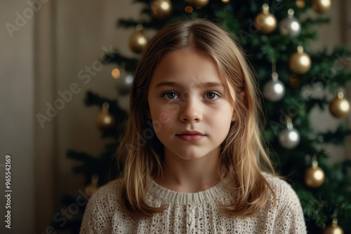  Young girl beside christmas tree 