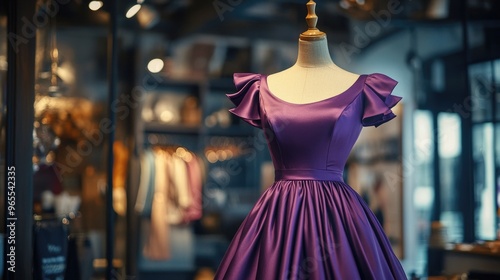 An elegant purple silk dress on a mannequin in a boutique, representing fashion and sophistication