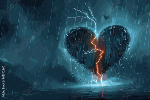 Rainy Day with Lightning Breaking Through Heart Symbolizing Family Problems and Negative Emotions