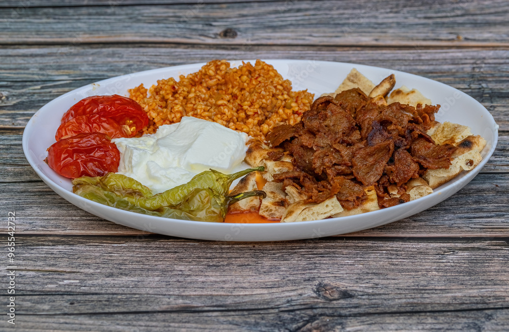 Meat doner menu, iskender menu on plate, turkish special meat doner, food, special menu (Turkish name; pilav üstü et doner)